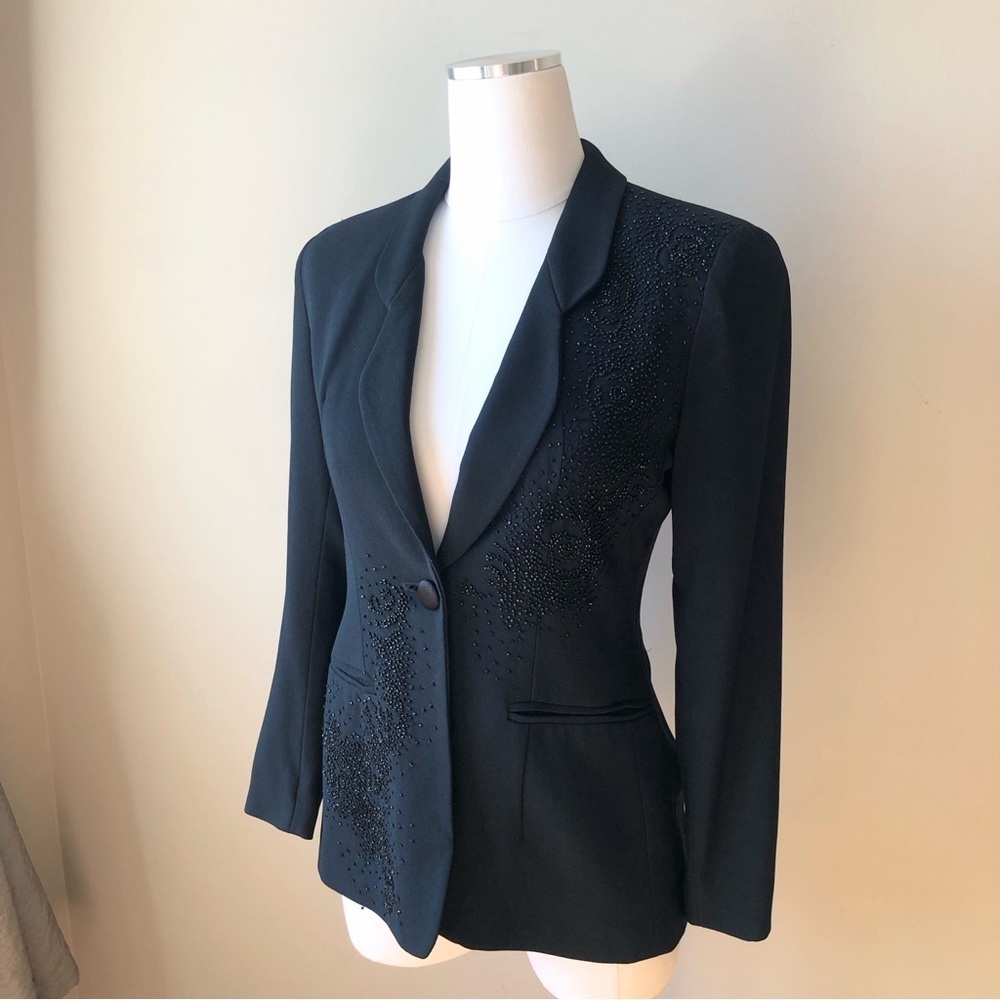 Vintage Kenar Black Crepe Hourglass Hand Beaded Sleek Tuxedo Formal Blazer 4